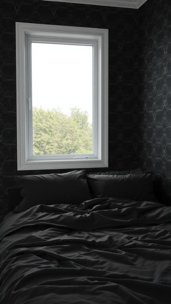 Cozy dark-themed bedroom with patterned wallpaper and rumpled dark bedding.
