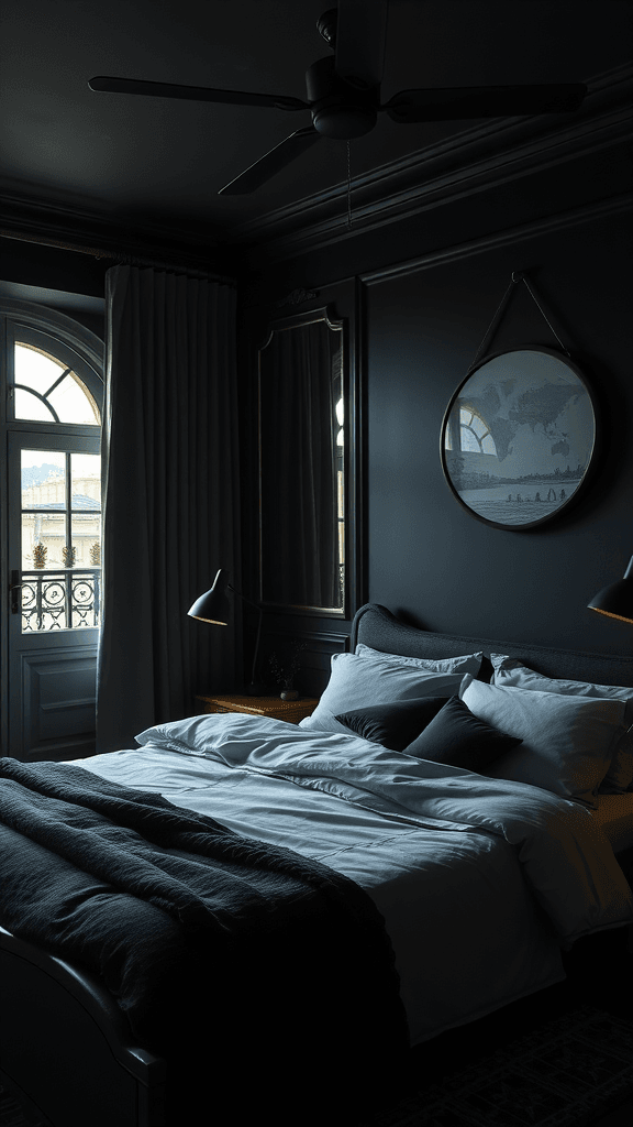 A dark bedroom with beams of light illuminating specific areas.