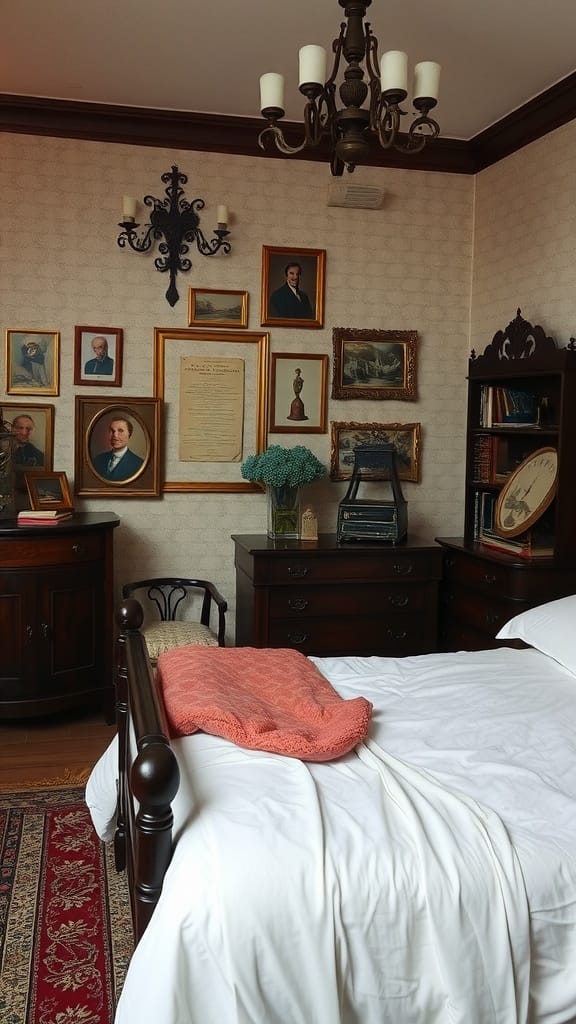 Cozy bedroom with vintage dark wooden furniture, adorned with personal artwork and soft linens.