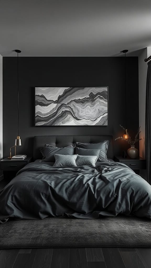 A dark themed bedroom with layered shades of black, featuring a large bed with dark bedding, black walls, and contrasting artwork.