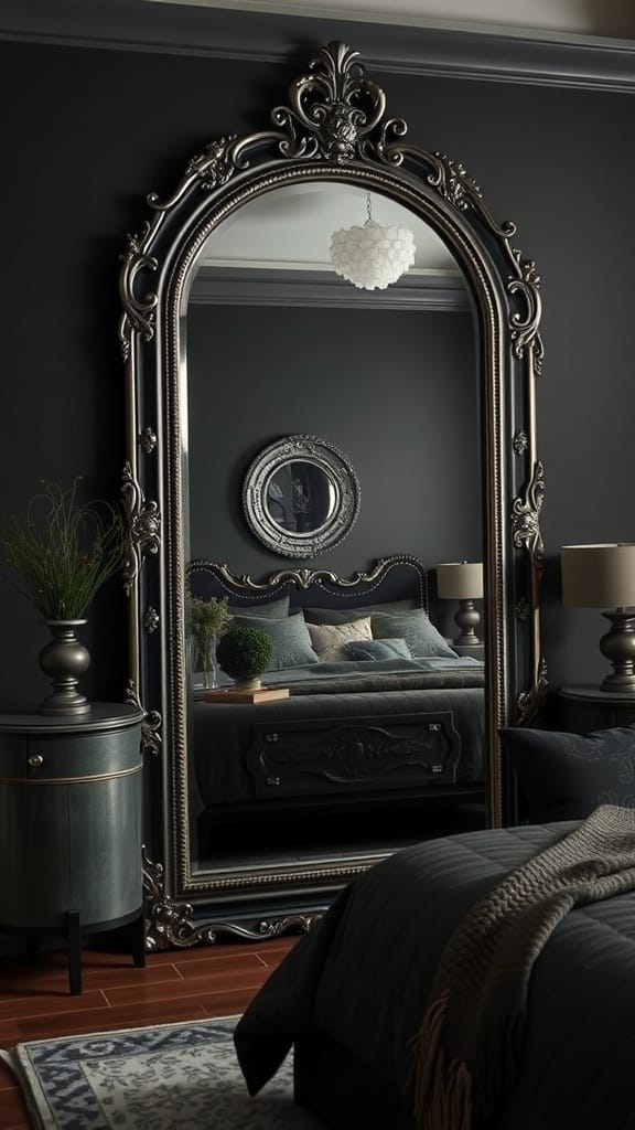 A beautifully ornate full-length mirror reflecting a dark-themed bedroom.