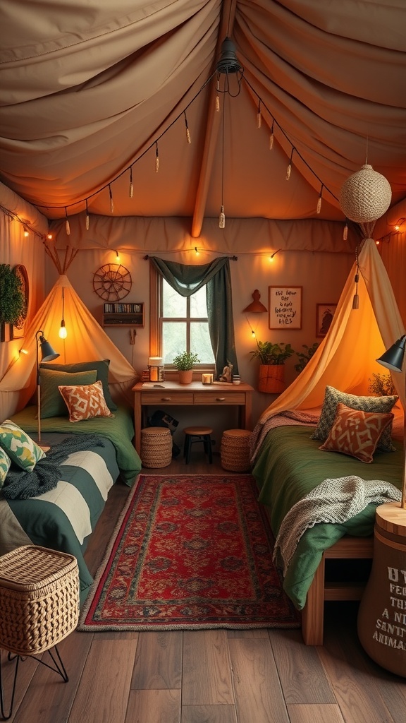 A cozy kids bedroom designed like an adventure camp, featuring two beds, warm lighting, and rustic decor.