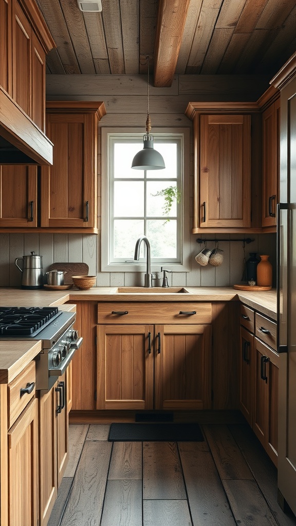 A rustic farmhouse kitchen featuring wooden cabinets, a sink beneath a window, and warm wood tones.