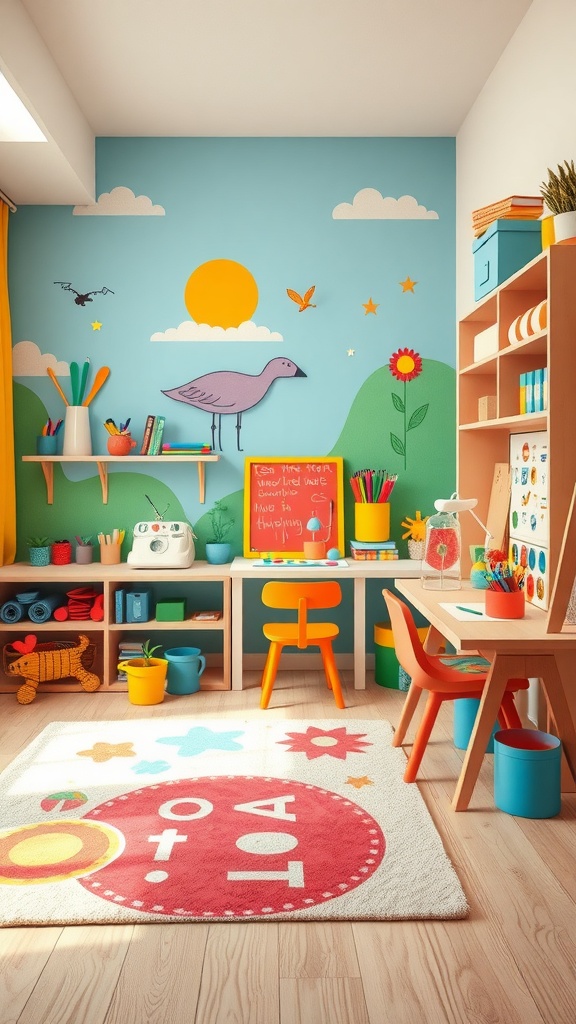 A colorful kids bedroom with an artistic creativity corner featuring a desk, bright decor, and a rug.