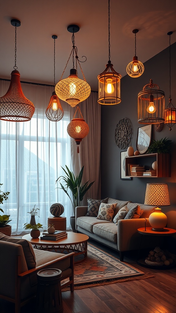 A cozy Bohemian living room with various hanging light fixtures, showcasing a mix of styles and warm light.