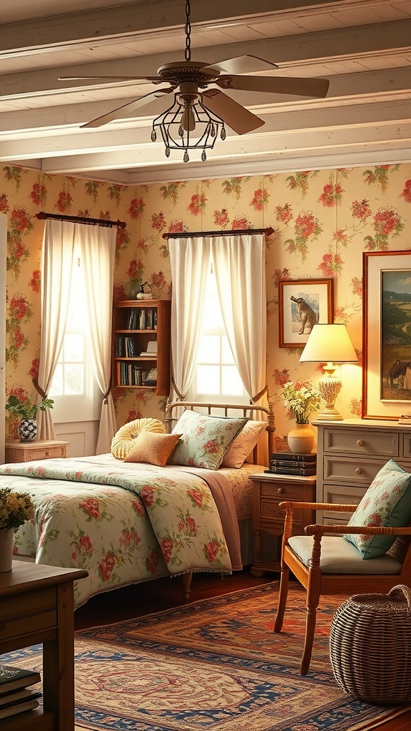 A charming kids' bedroom featuring floral wallpaper, cozy bedding, and rustic furniture, capturing cottage vibes.