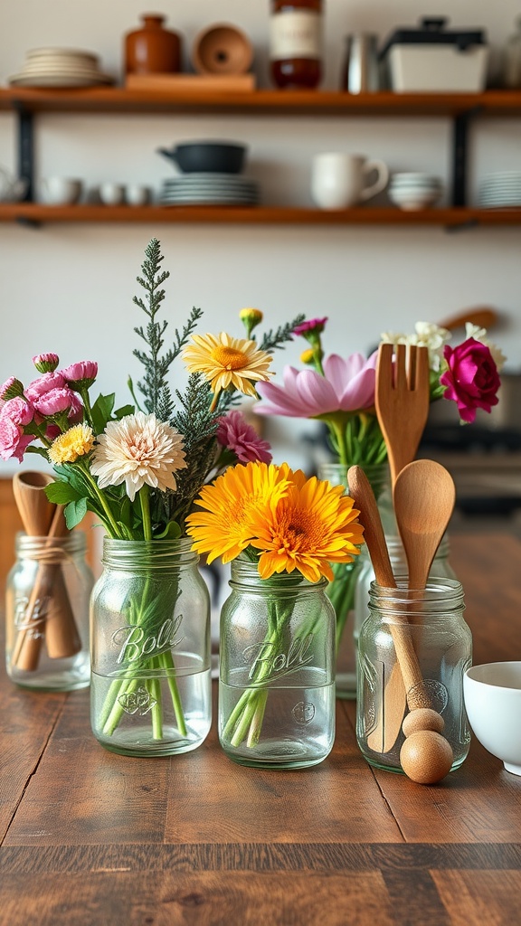 Mason jars with flowers and kitchen utensils on a wooden table in a rustic farmhouse kitchen