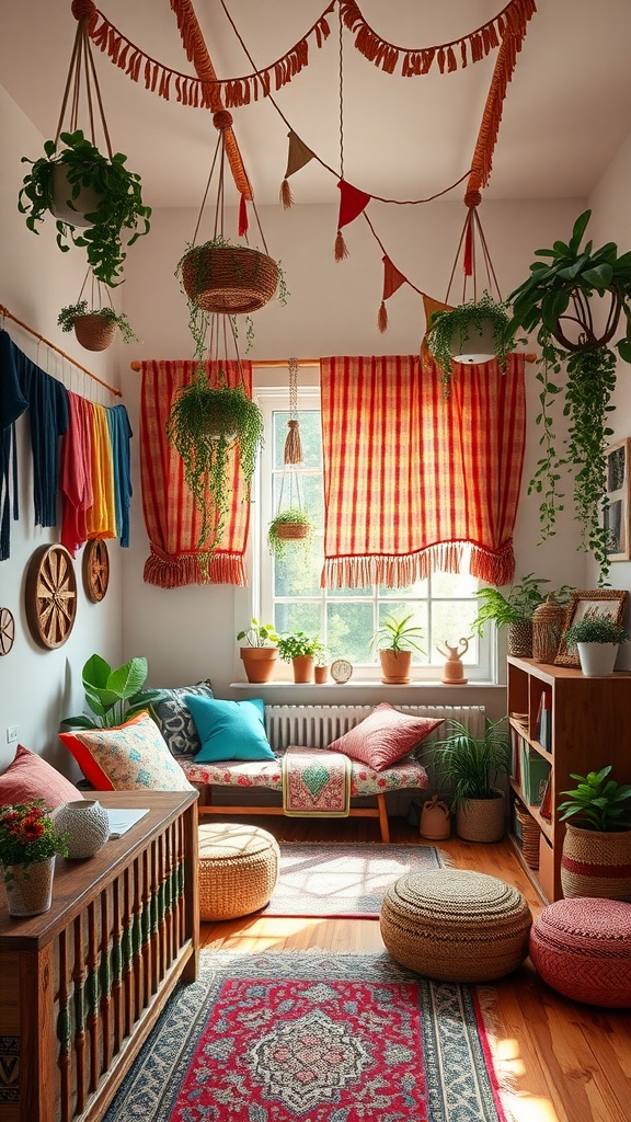 A cozy bohemian-style kids bedroom with colorful curtains, hanging plants, and a warm seating area.