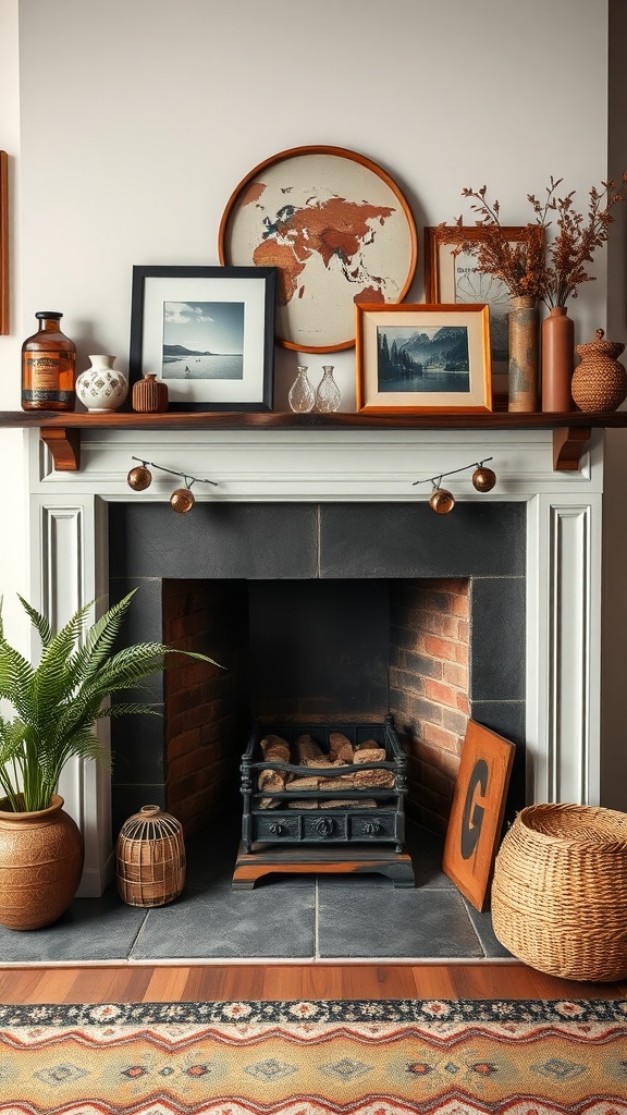Chic fireplace with a wooden mantel decorated with photos, vases, and greenery, creating a cozy boho living room vibe.