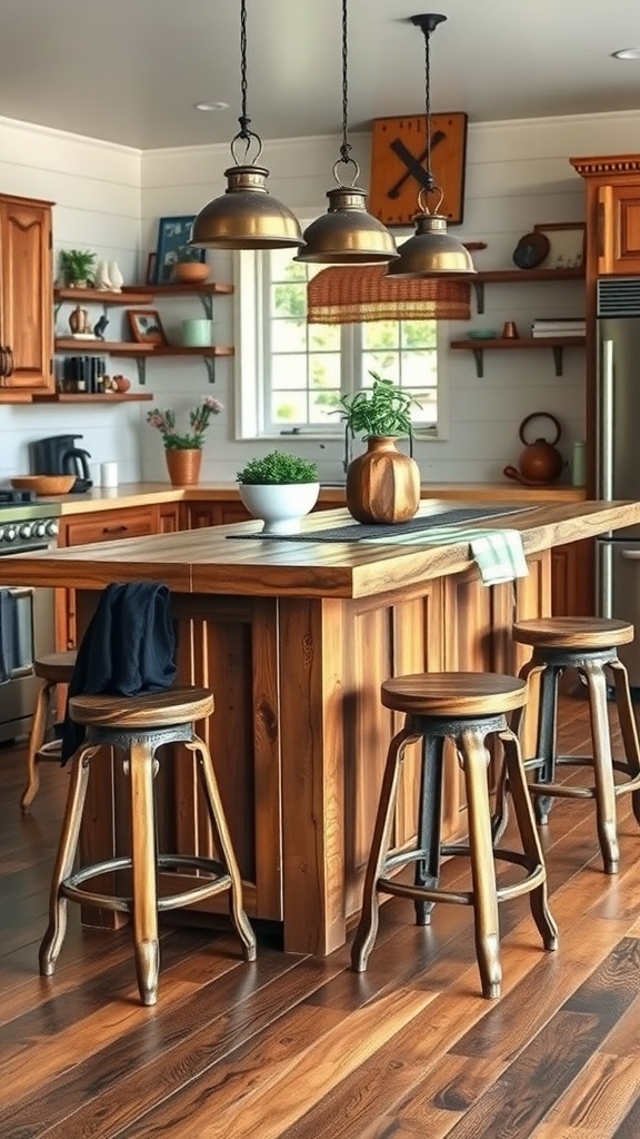 A rustic farmhouse kitchen featuring a wooden island, bar stools, and warm lighting.