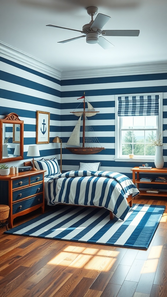 A nautical-themed kids bedroom with blue and white striped walls, wooden furniture, and a sailboat decoration.