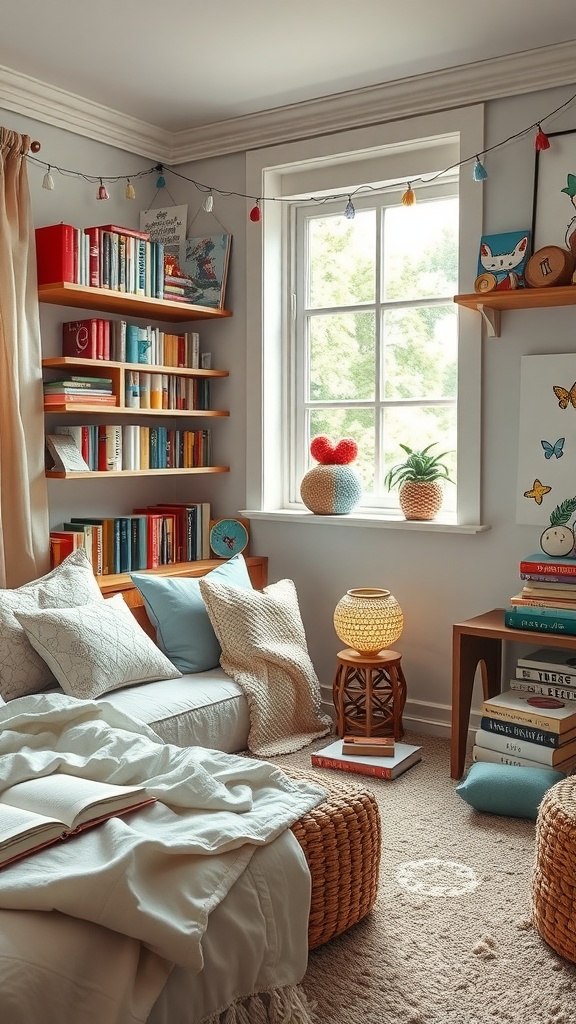 A cozy kids bedroom nook with bookshelves, cushions, and playful decor