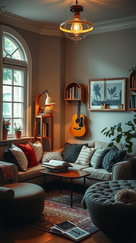 Cozy reading nook in a boho living room with soft cushions, a low table, and warm lighting.