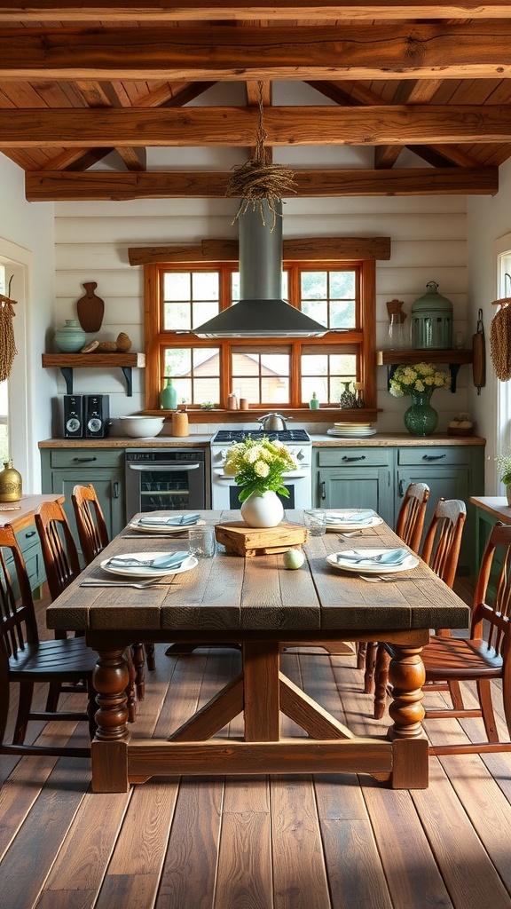 Rustic farmhouse kitchen with a country-style dining table, wooden chairs, and warm natural light.