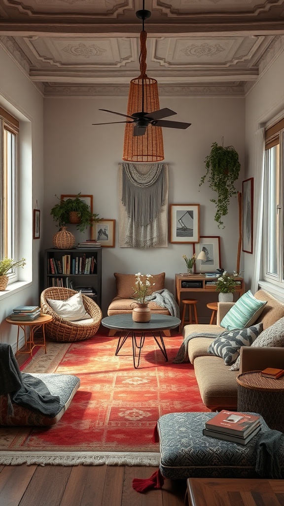 A cozy Boho living room with comfortable seating, earthy tones, and natural decor elements.