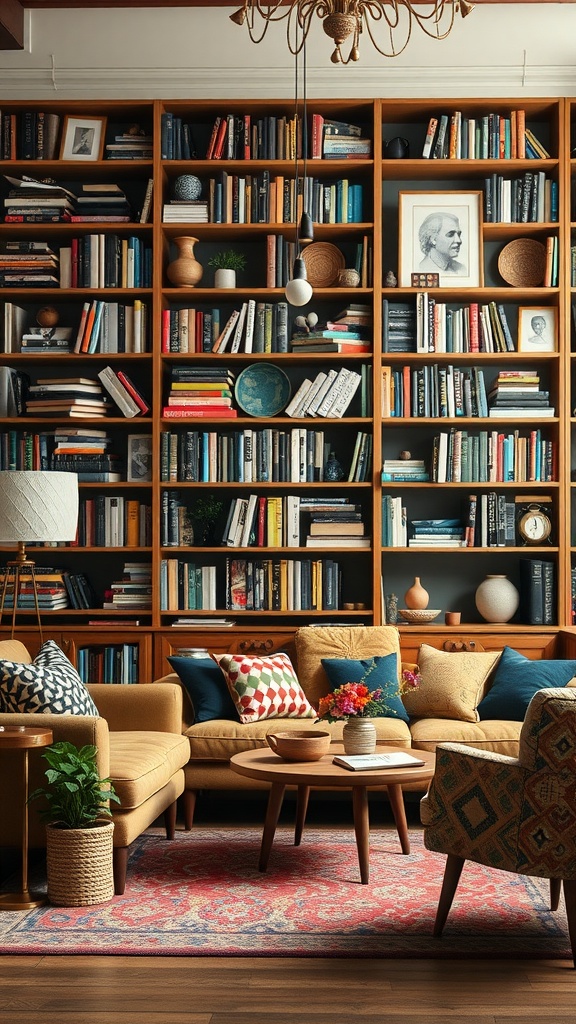 Earthy boho living room with a creative bookshelf filled with books and decorative items.