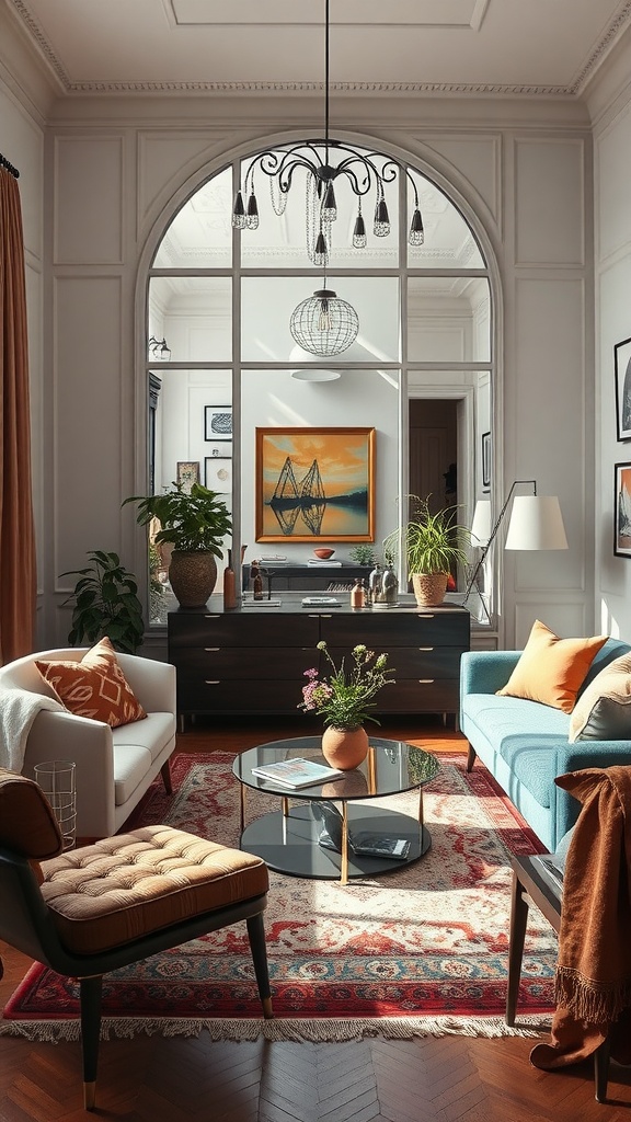 A stylish Boho living room with a large decorative mirror, colorful furniture, and plants.