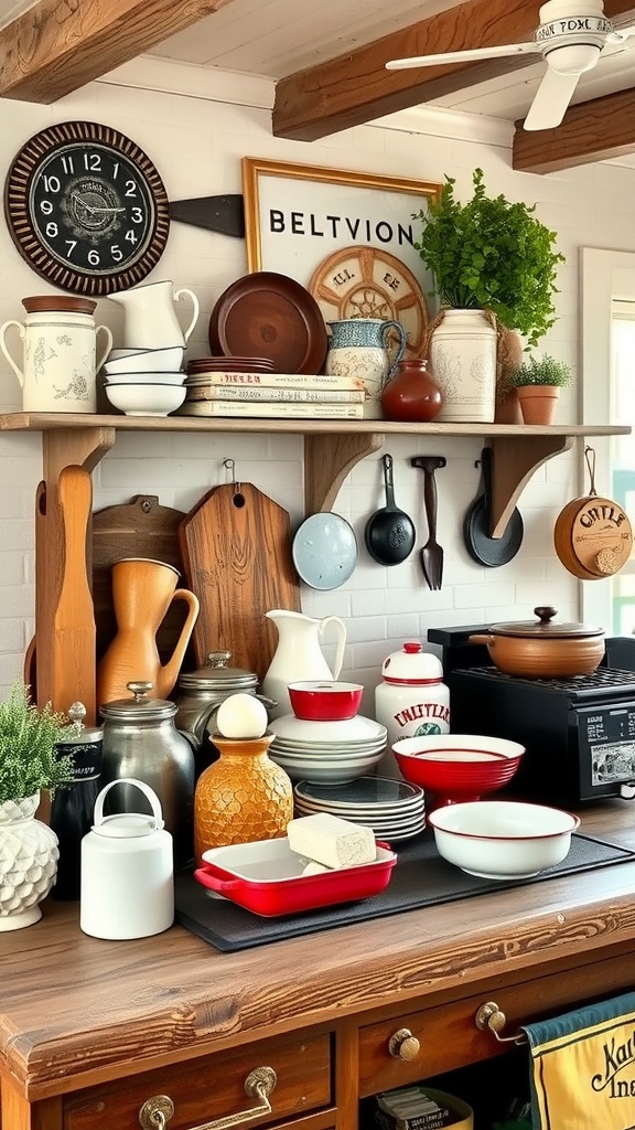 A rustic farmhouse kitchen with vintage kitchenware on display, featuring shelves of colorful dishes, pots, and wooden utensils.