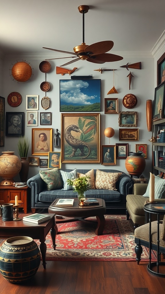 A cozy boho living room decorated with cultural artifacts, framed artwork, and unique pottery.