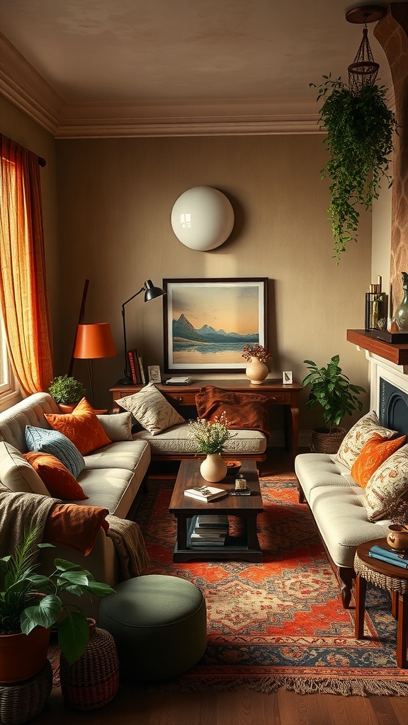 A warm Boho living room with earthy colors, featuring comfy sofas, colorful pillows, and plants.