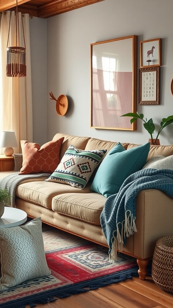 A cozy boho living room with eclectic pillows and throws on a sofa, showcasing a vibrant and inviting atmosphere.
