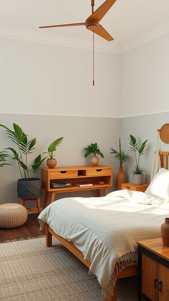 Eco-friendly kids bedroom design with natural materials and plants.