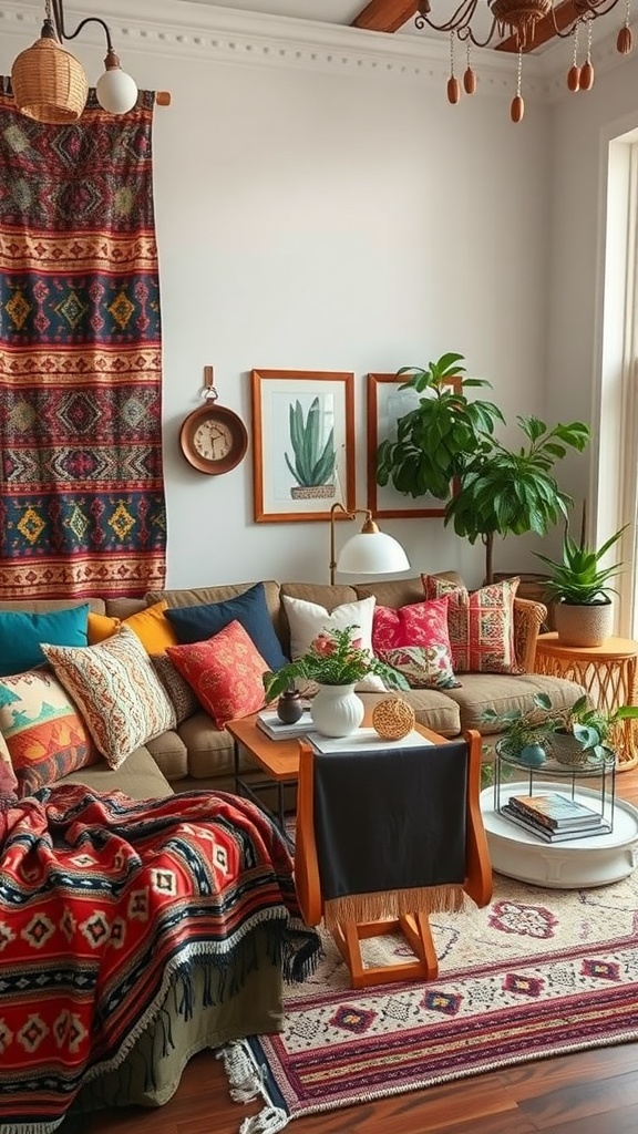 A cozy boho living room featuring colorful textiles, pillows, and plants.