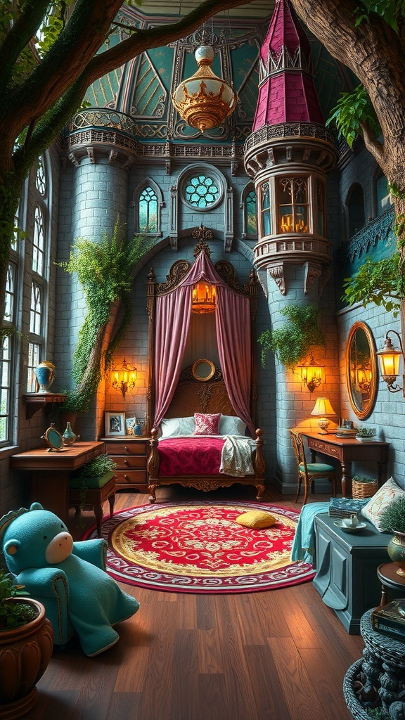 A fantasy-inspired kids bedroom with castle-like features, draped curtains, and playful decor.