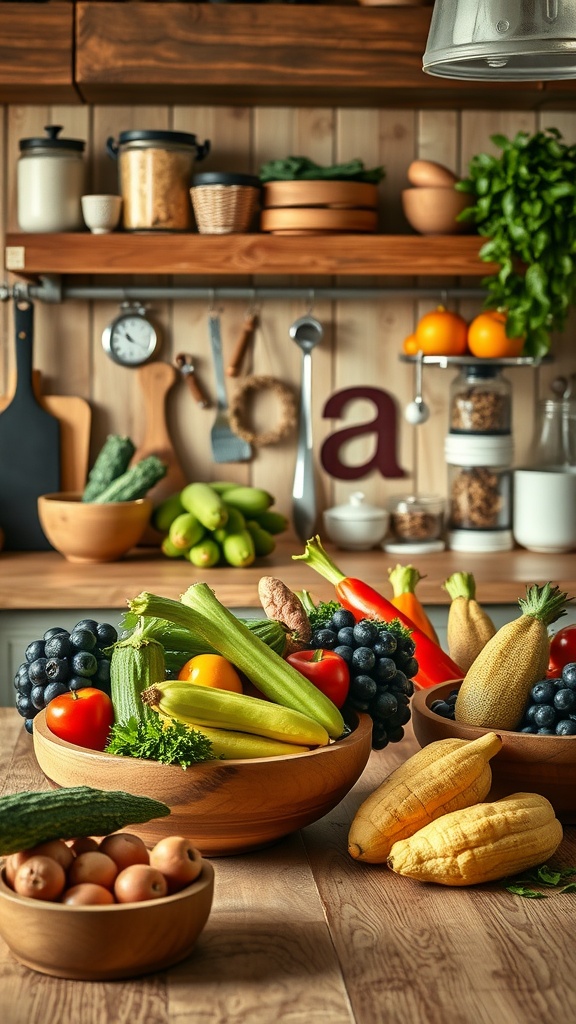 An aesthetic display of farm-fresh produce in a rustic farmhouse kitchen with wooden bowls and vibrant vegetables.