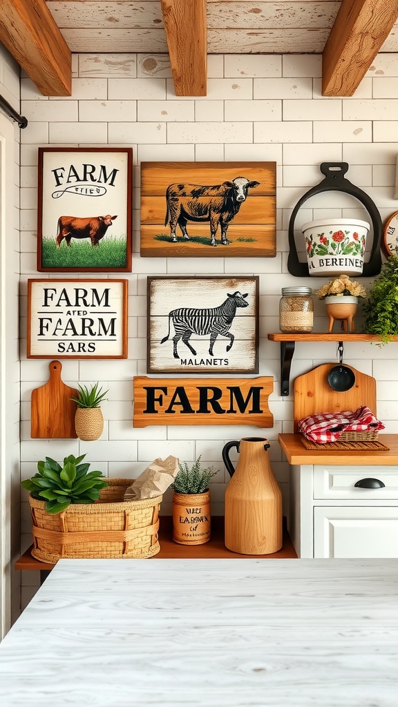 Rustic farmhouse kitchen wall art featuring farm-themed prints and wooden decor.