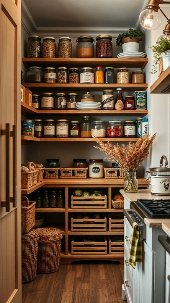 A rustic farmhouse pantry with wooden shelves filled with jars, baskets, and fresh produce.