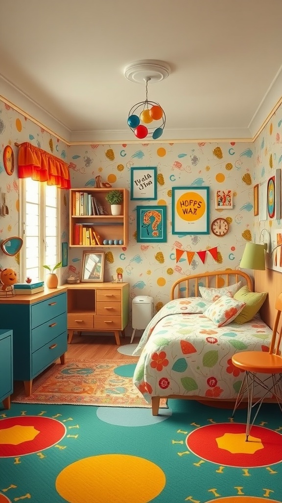 A colorful kids bedroom with retro design elements such as patterned wallpaper, a blue dresser, and a vibrant rug.