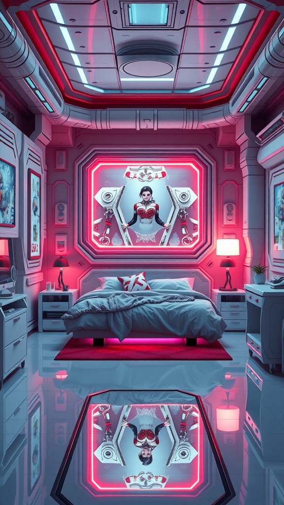 A modern futuristic kids bedroom designed like a space pod, featuring vibrant colors and sci-fi elements.