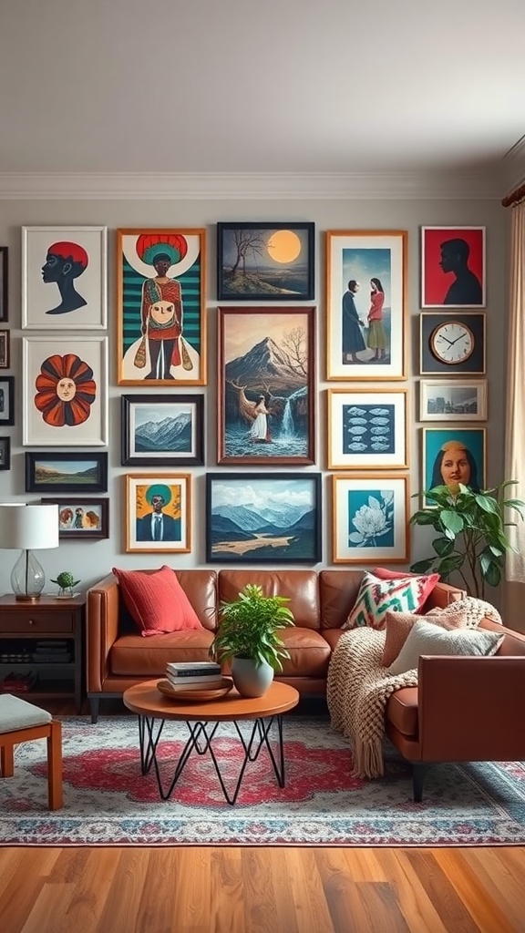A gallery wall filled with colorful art pieces in a Bohemian living room setting.