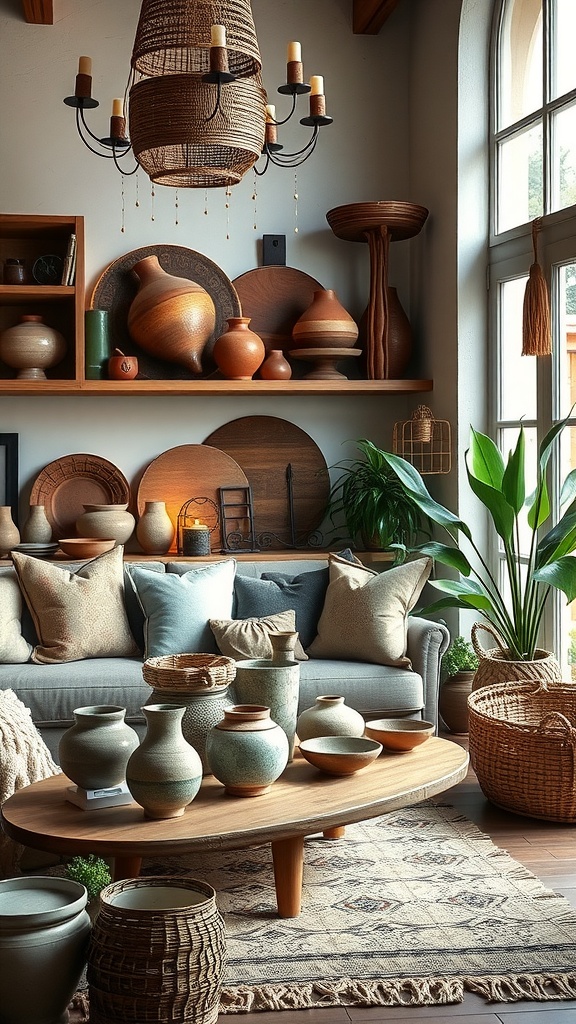 A cozy boho living room featuring handmade pottery, soft pillows, and natural materials.