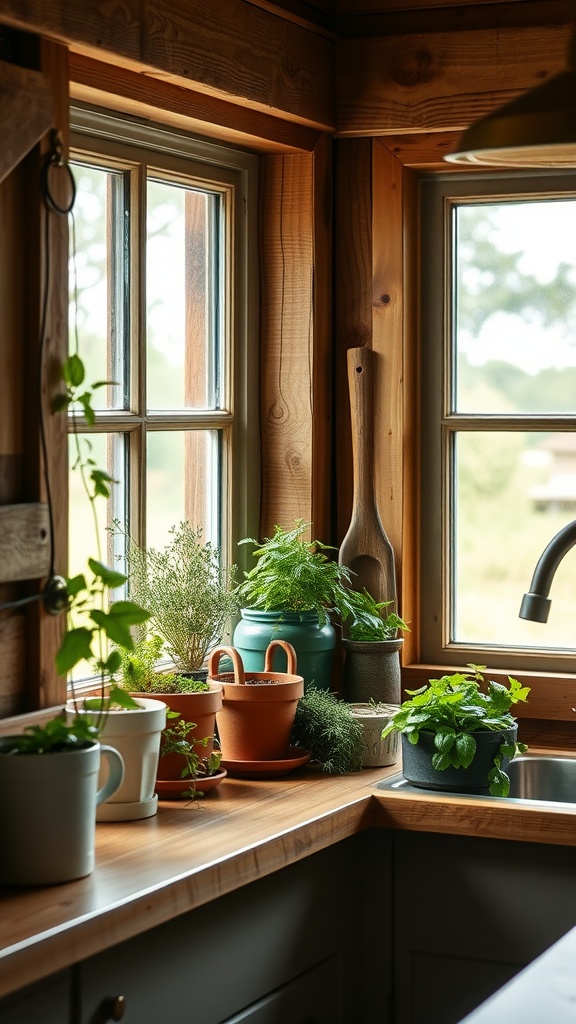 Herbs in pots on a kitchen windowsill with wooden accents