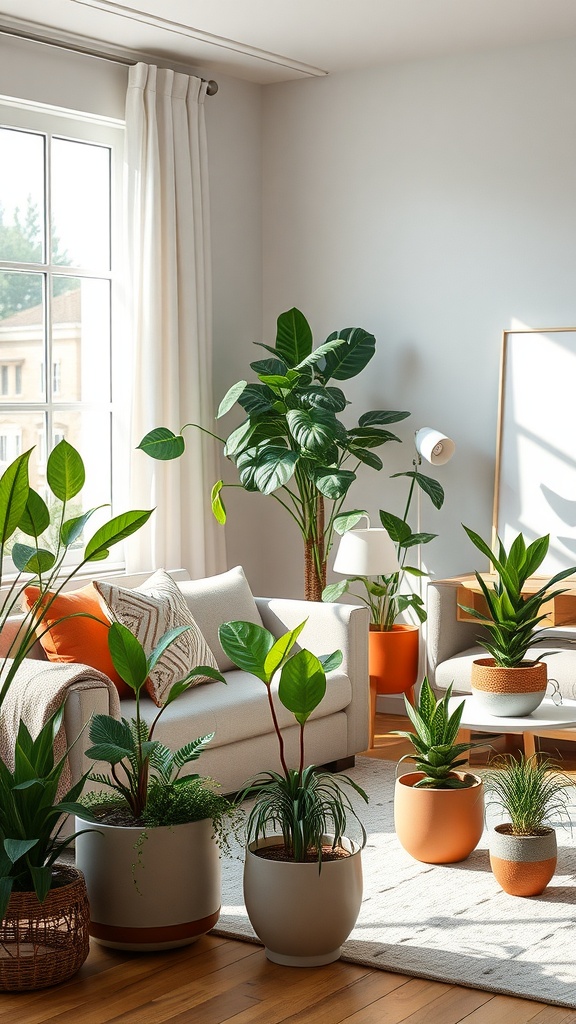 A bright and cozy Boho living room featuring various indoor plants in stylish pots.