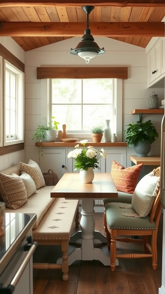 Cozy rustic farmhouse kitchen nook with table and seating, inviting natural light