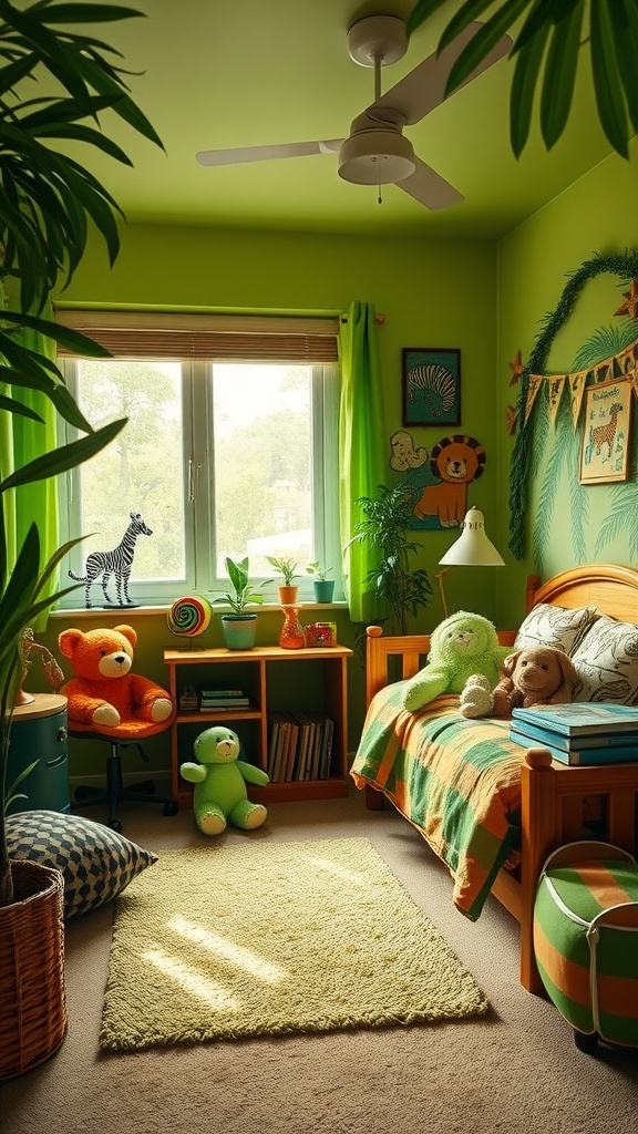 A vibrant jungle-themed kids bedroom featuring bright green walls, plush animal toys, and colorful bedding.