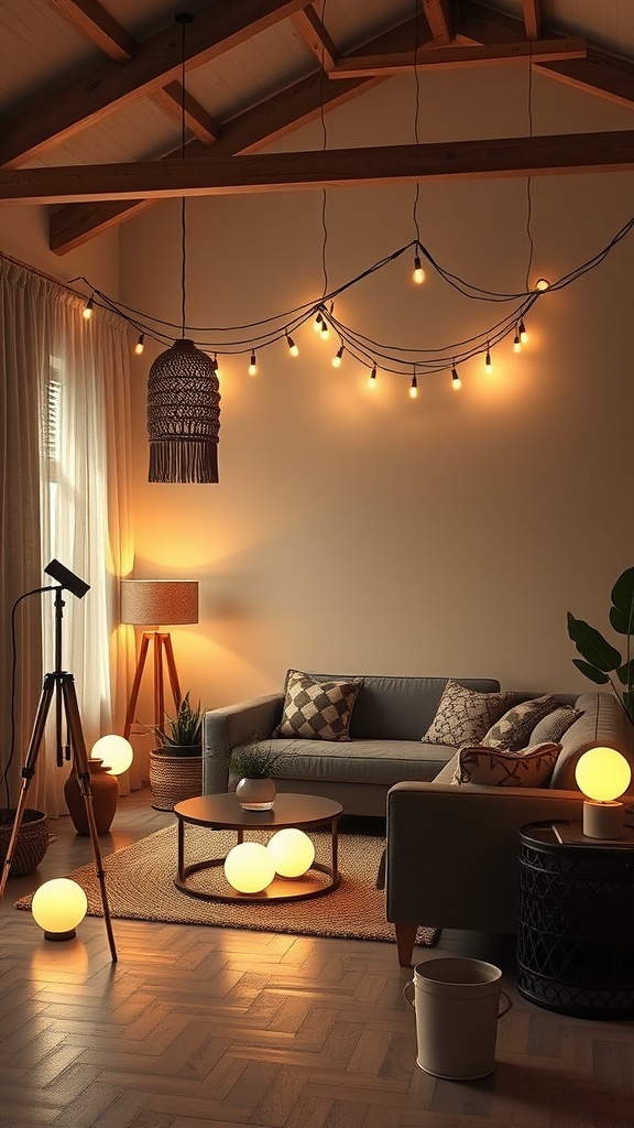 A cozy boho living room with layered lighting including pendant lamps, string lights, and soft glowing orbs.