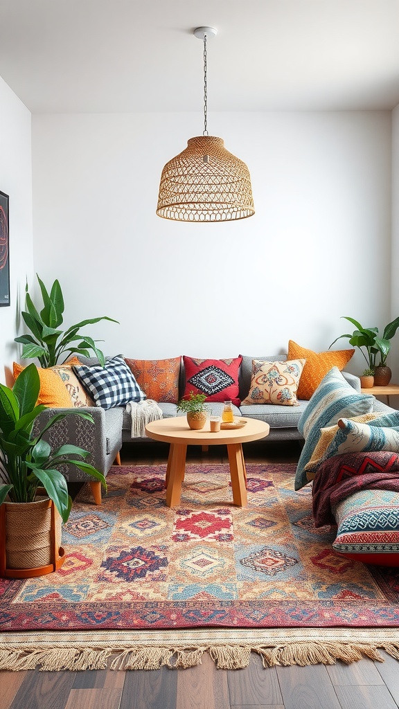 A cozy Boho living room featuring layered textiles with colorful cushions, a patterned rug, and indoor plants.