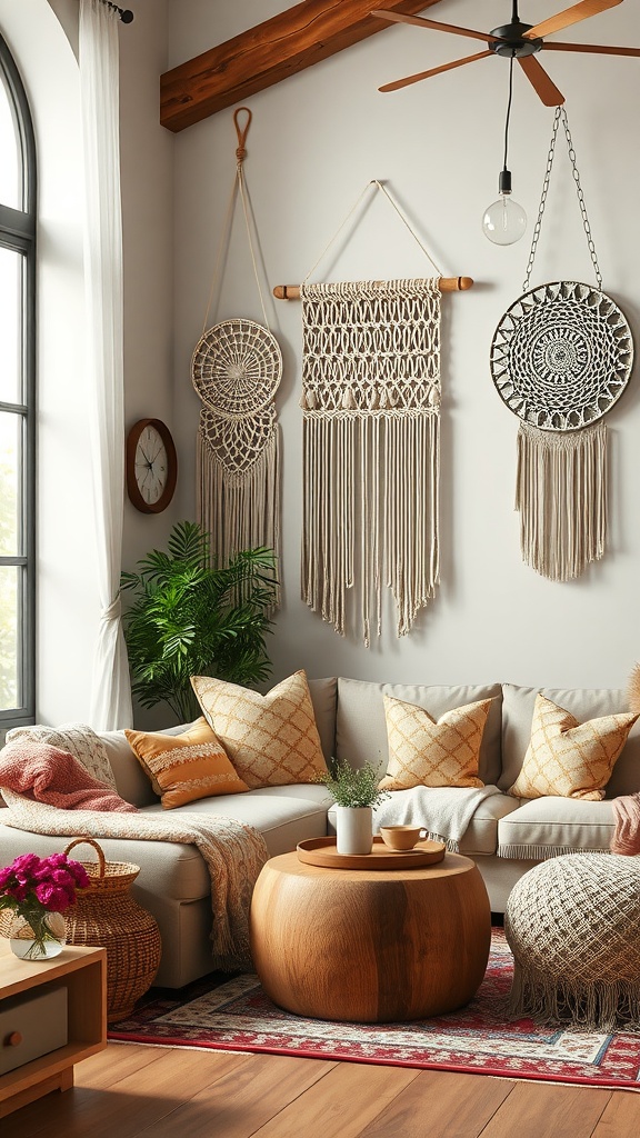 Macrame wall hangings in a boho living room