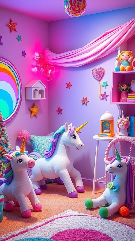 A colorful kids bedroom featuring unicorn-themed decor, plush toys, and vibrant colors.