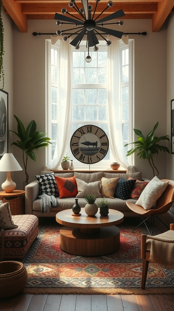 A boho living room with various patterns and textures, featuring a cozy sofa, colorful pillows, a wooden coffee table, and greenery.