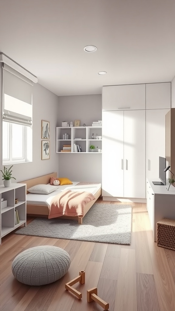 Modern minimalist kids bedroom with a bed, rug, and storage shelves