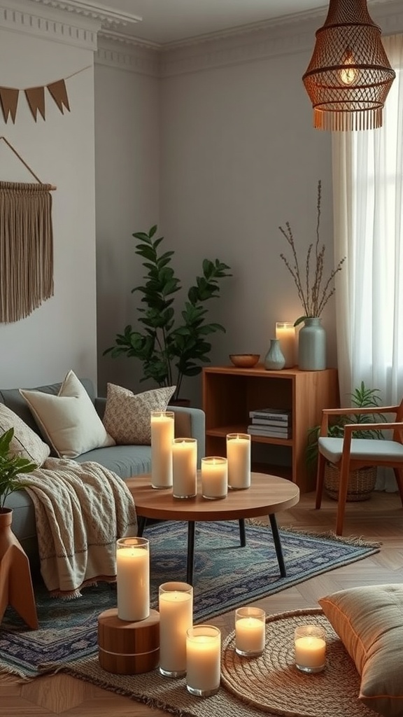A cozy boho living room with candles, plants, and cozy textiles.