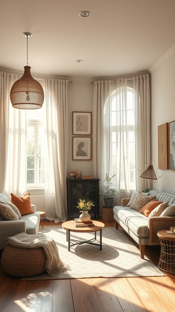 A bright boho styled living room with large windows, light curtains, and natural decor elements.
