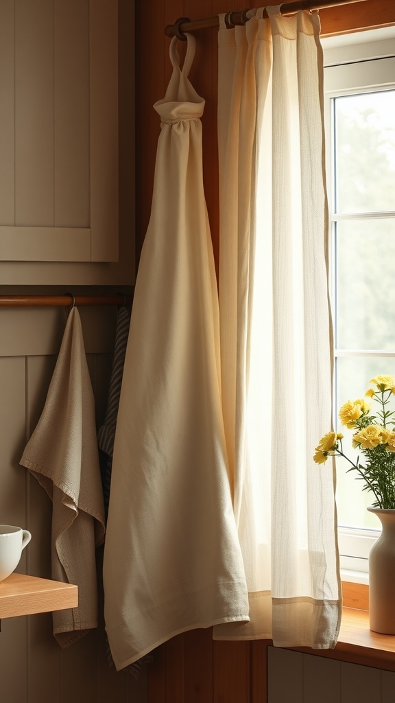 Natural textiles in a rustic farmhouse kitchen, featuring soft curtains and hanging towels