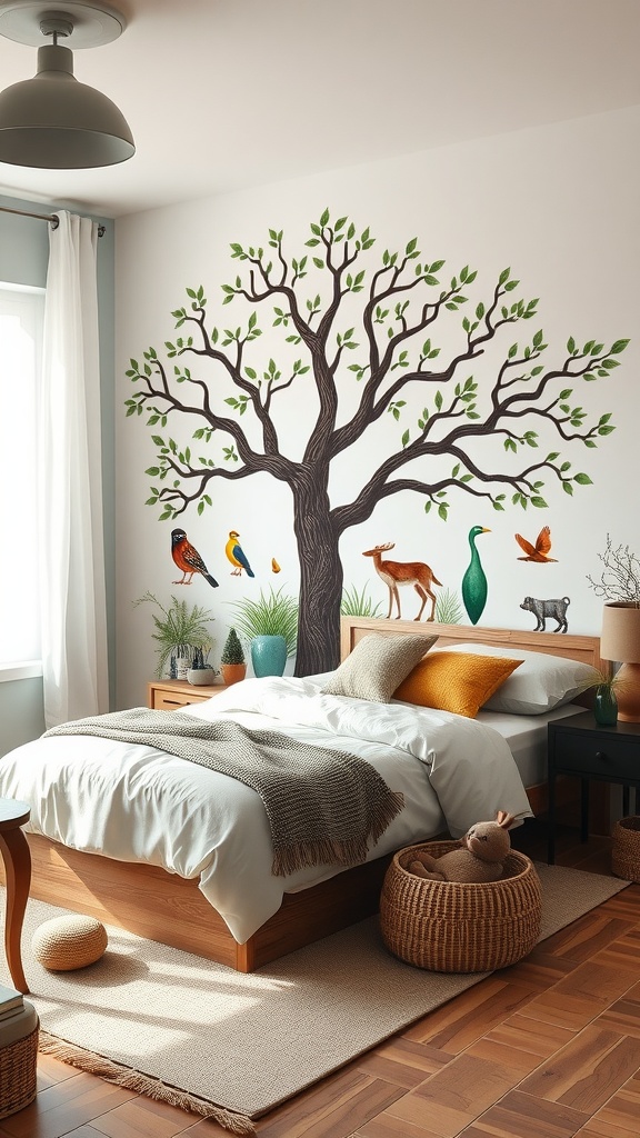 A cozy kids bedroom with a nature-inspired mural featuring a large tree and colorful birds.