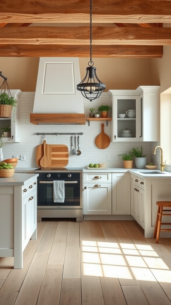 A serene rustic farmhouse kitchen with neutral colors, featuring wooden beams and light cabinetry.